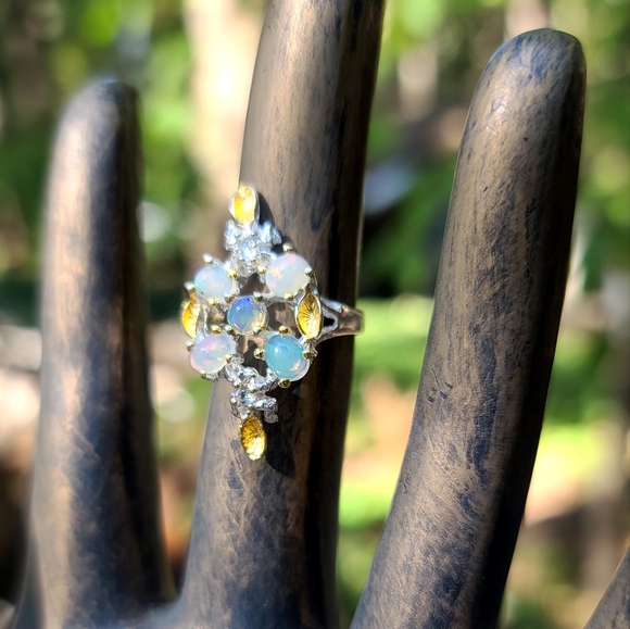 STUNNING 5 Opal 4k each & Topaz Sterling & Gold ring sz6.5 - Picture 6 of 6